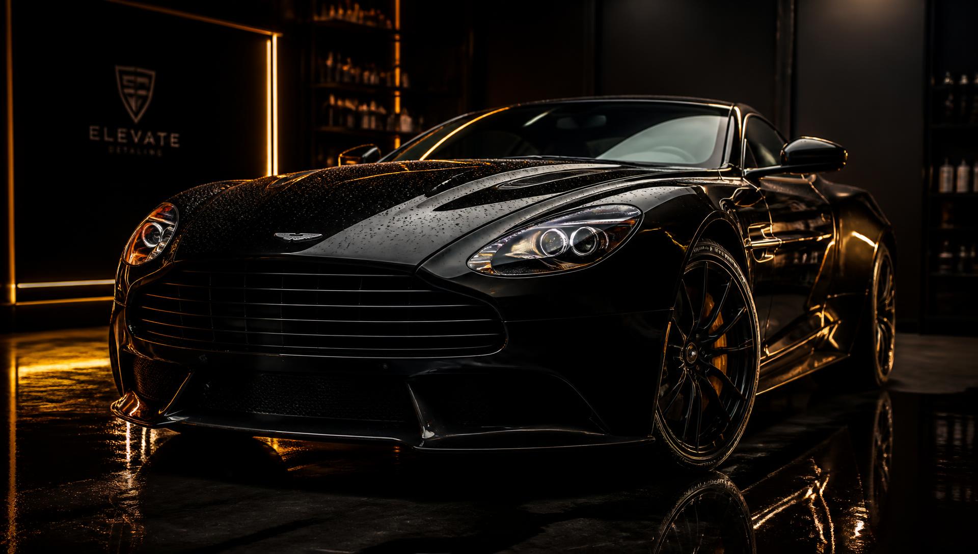 Black sports car with freshly ceramic-coated paint in a dark detailing studio